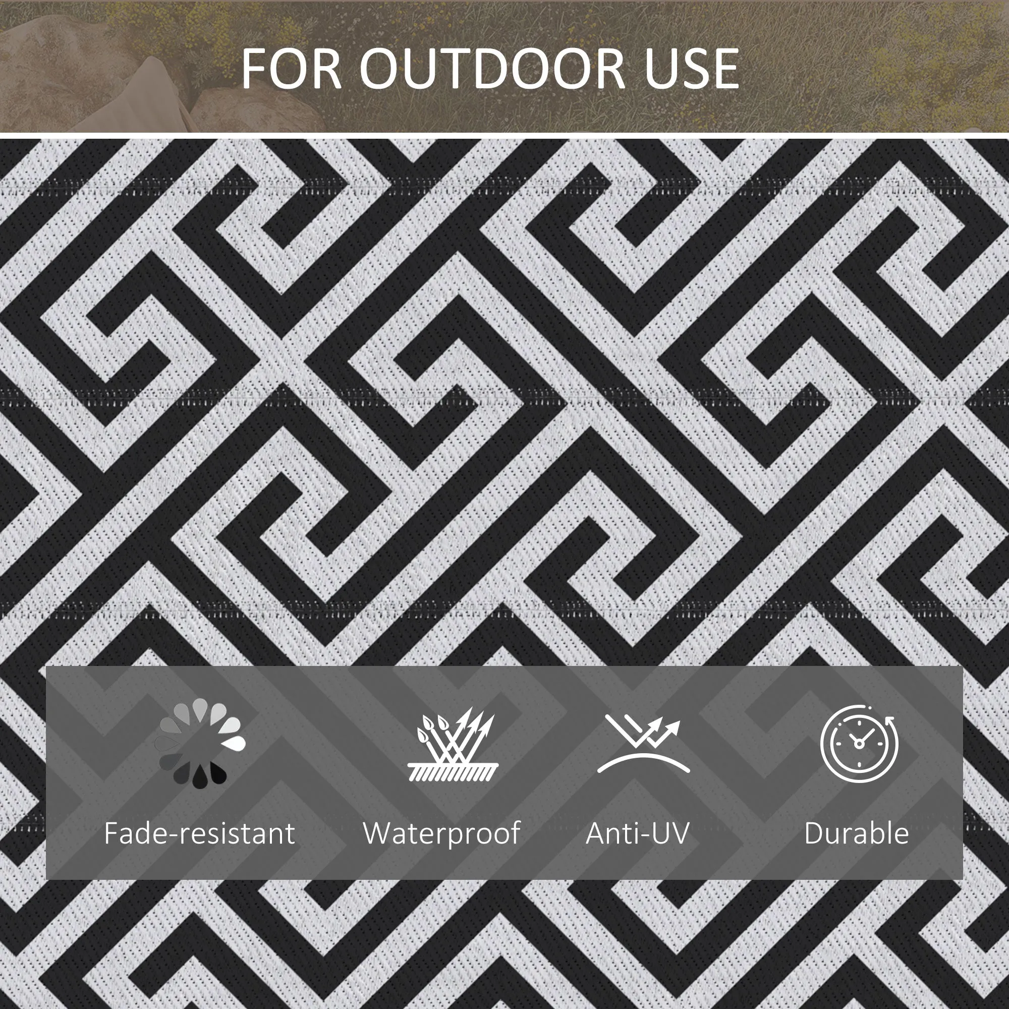121 x 182 cm(4x6ft) Outdoor Patio Rug Reversible Mat Plastic Straw Rug Portable RV Camping Mat for Garden Deck Picnic Indoor, Black & White