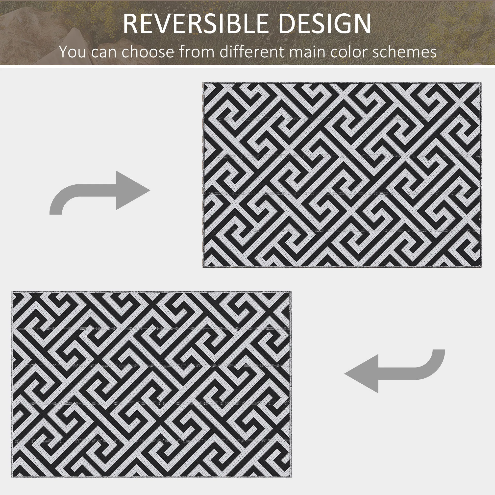 121 x 182 cm(4x6ft) Outdoor Patio Rug Reversible Mat Plastic Straw Rug Portable RV Camping Mat for Garden Deck Picnic Indoor, Black & White