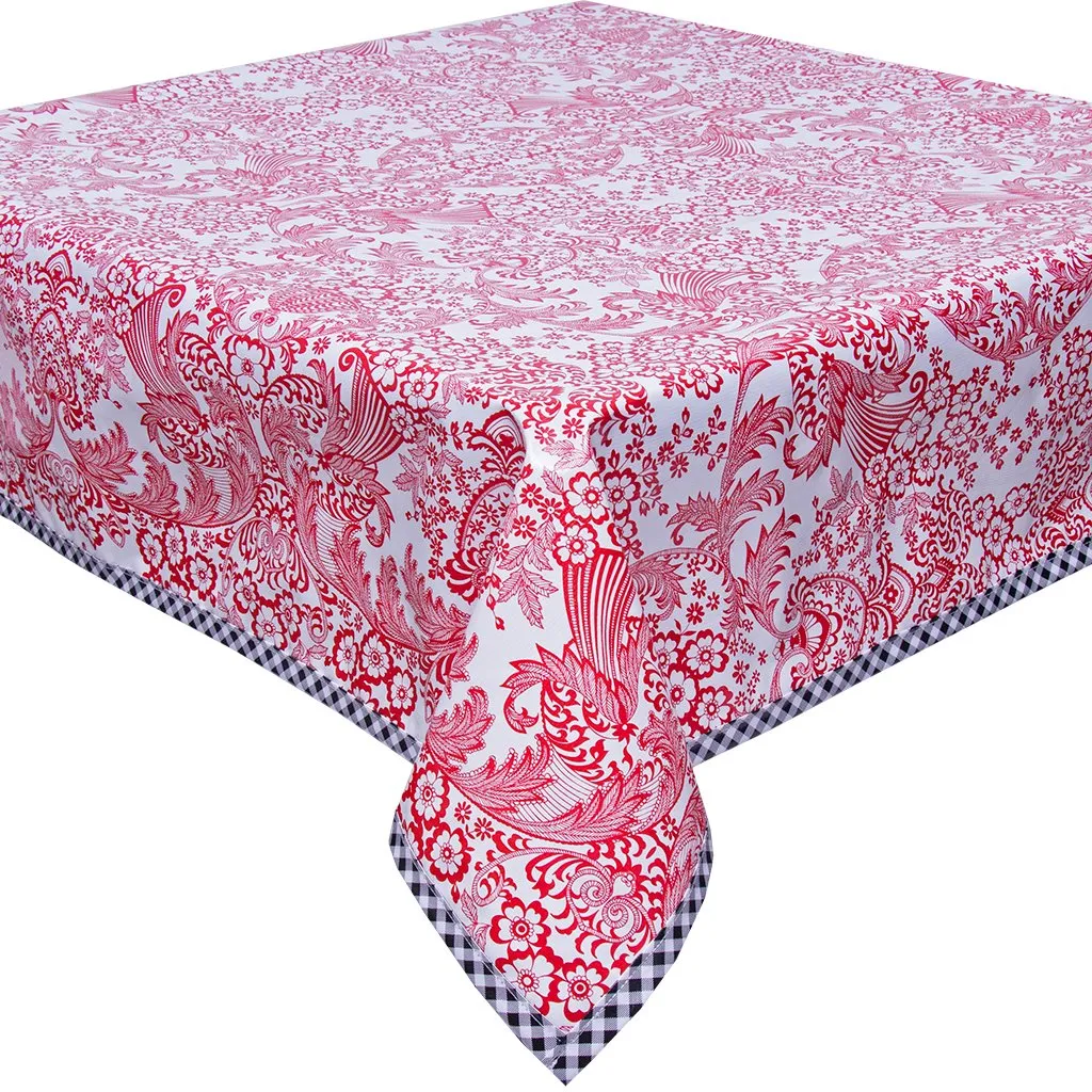 48 x 84 Toile Red Oilcloth Tablecloth with Black Trim
