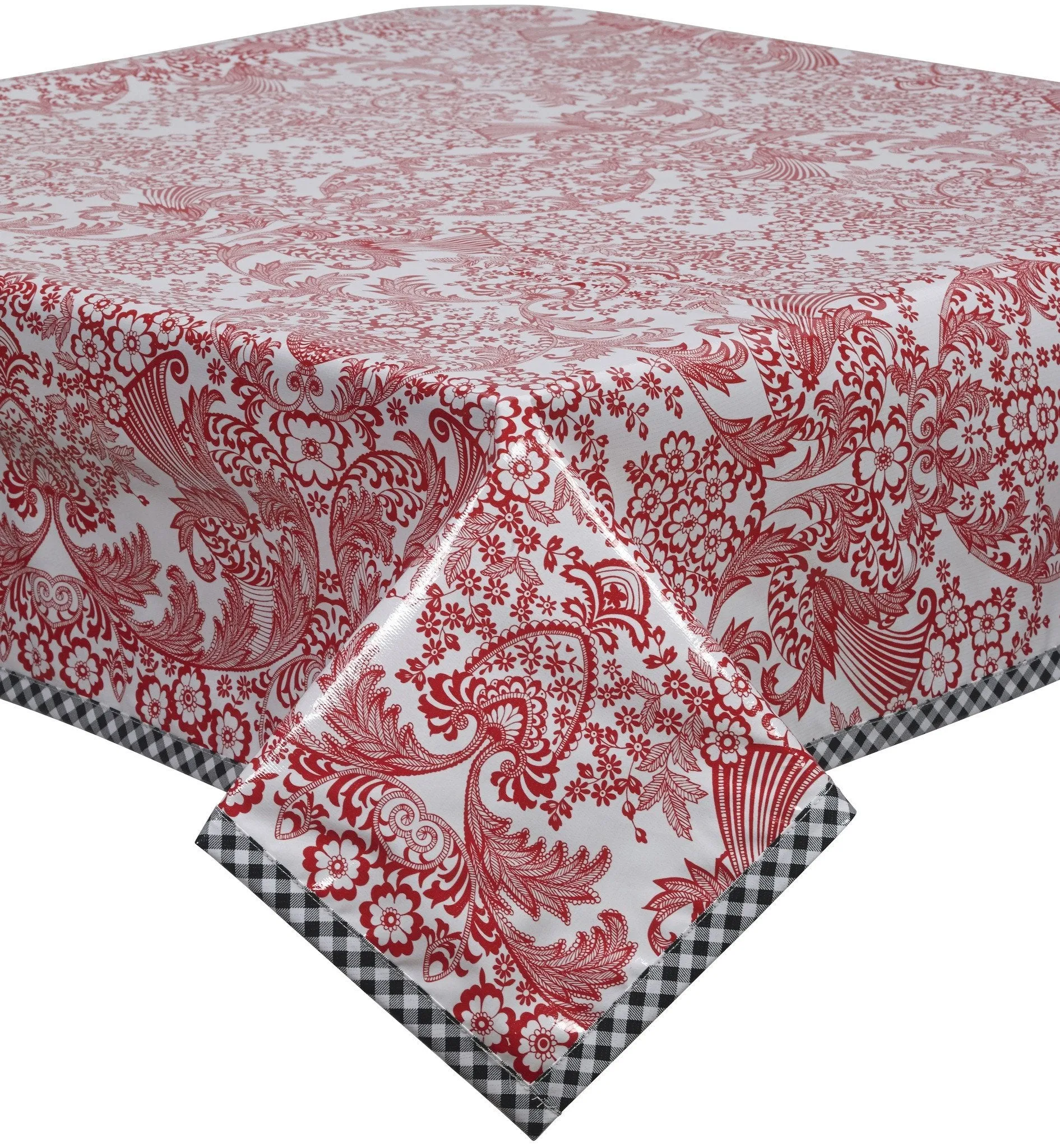 48 x 84 Toile Red Oilcloth Tablecloth with Black Trim