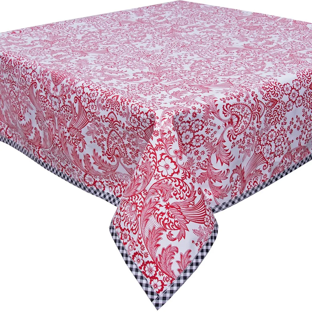 48 x 84 Toile Red Oilcloth Tablecloth with Black Trim