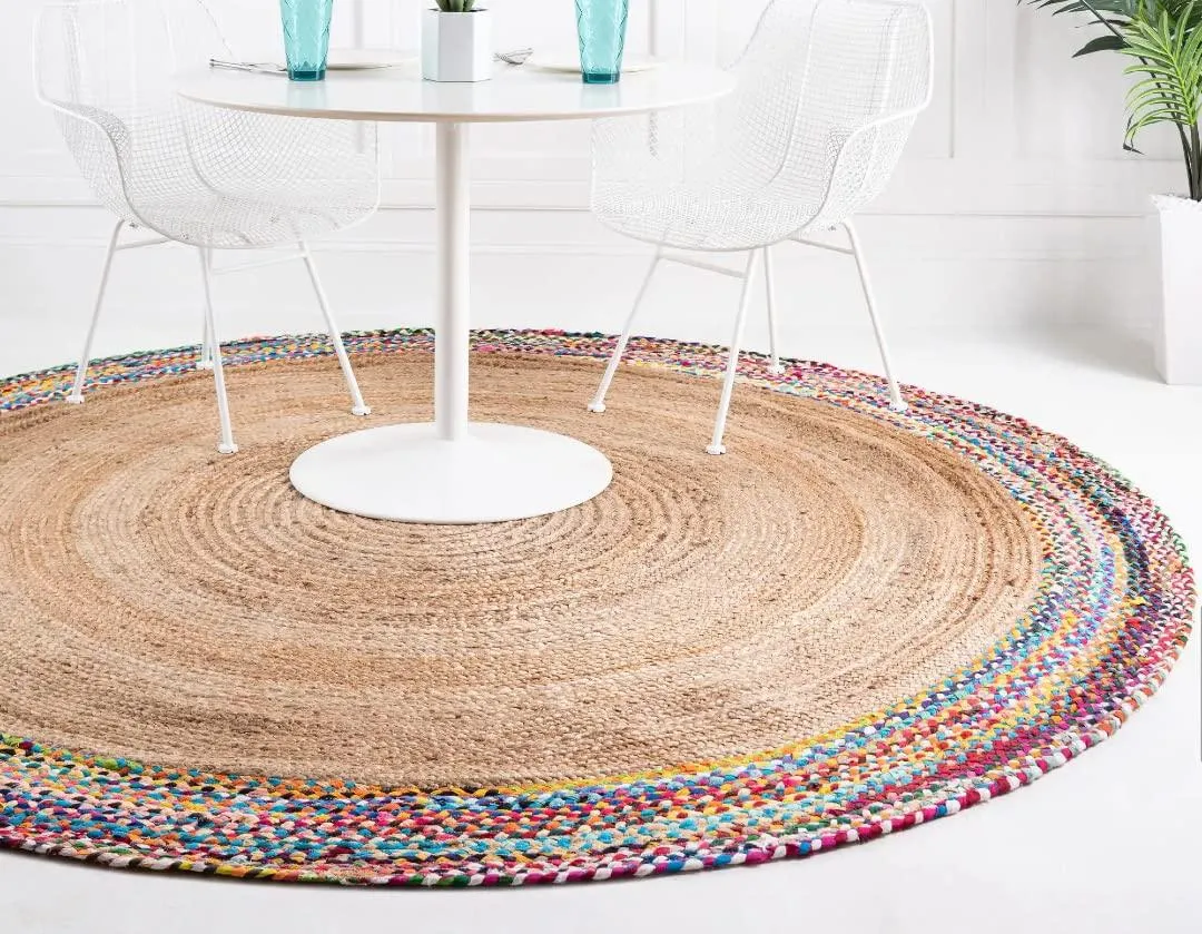 Ar Antique Rugs Handwoven Braided Reversible Jute and Chindi Round Rug for Bedroom Living/Dining Room & Floor Mat