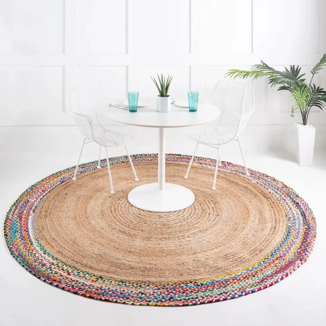 Ar Antique Rugs Handwoven Braided Reversible Jute and Chindi Round Rug for Bedroom Living/Dining Room & Floor Mat