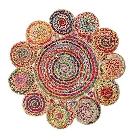 Ar Antique Rugs Handwoven Jute  & Cotton Rug For Living Room, Jute Round Floor Mat, Rugs For Living Room, Jute Rug For Centre Table
