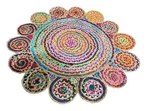 Ar Antique Rugs Handwoven Jute  & Cotton Rug For Living Room, Jute Round Floor Mat, Rugs For Living Room, Jute Rug For Centre Table