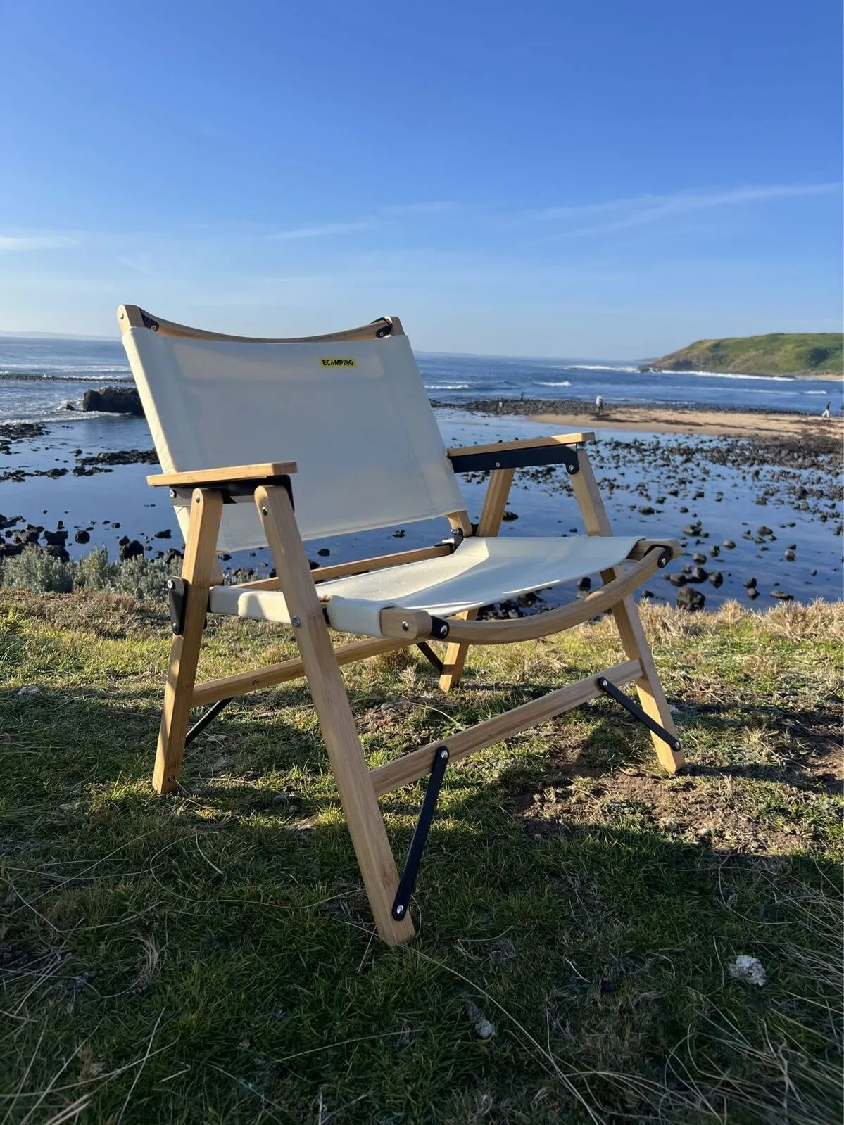 Bamboo Canvas Foldable Outdoor Camping Chair Wooden Travel Picnic Park - Khaki/Light Beige
