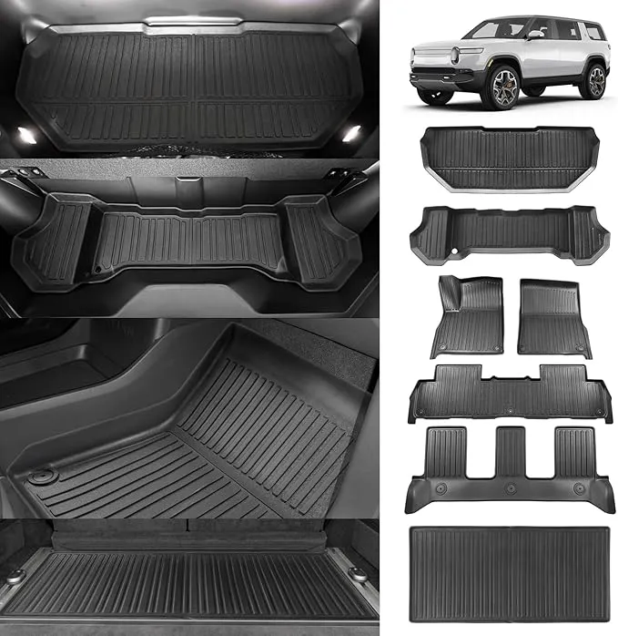 BestEvMod Compatible with Rivian R1S All Weather Cargo Liners Frunk Mat&Floor Mats&Trunk Mat Set Anti-Slip 3D Pattern TPE Waterproof Non-Slip 2022-2024 Accessories (R1S-Frunk Mat Floor Mat Trunk Mat)