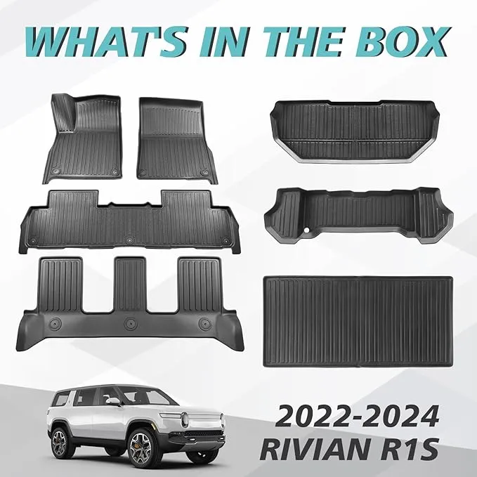 BestEvMod Compatible with Rivian R1S All Weather Cargo Liners Frunk Mat&Floor Mats&Trunk Mat Set Anti-Slip 3D Pattern TPE Waterproof Non-Slip 2022-2024 Accessories (R1S-Frunk Mat Floor Mat Trunk Mat)