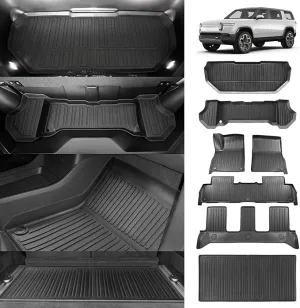 BestEvMod Compatible with Rivian R1S All Weather Cargo Liners Frunk Mat&Floor Mats&Trunk Mat Set Anti-Slip 3D Pattern TPE Waterproof Non-Slip 2022-2024 Accessories (R1S-Frunk Mat Floor Mat Trunk Mat)