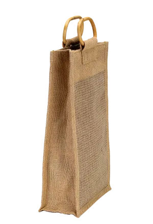 Fibrous Jute Bottle Bag with Bamboo Handles (35.5 x 21 x 10 cm)