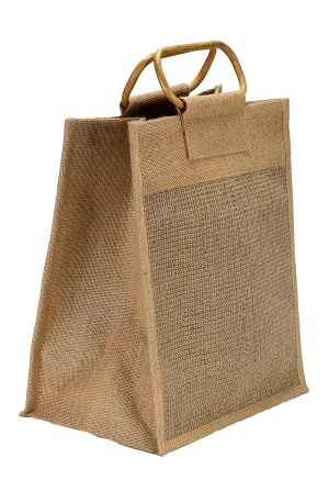 Fibrous Jute Bottle Bag with Bamboo Handles (35.5 x 31 x 21 cm)