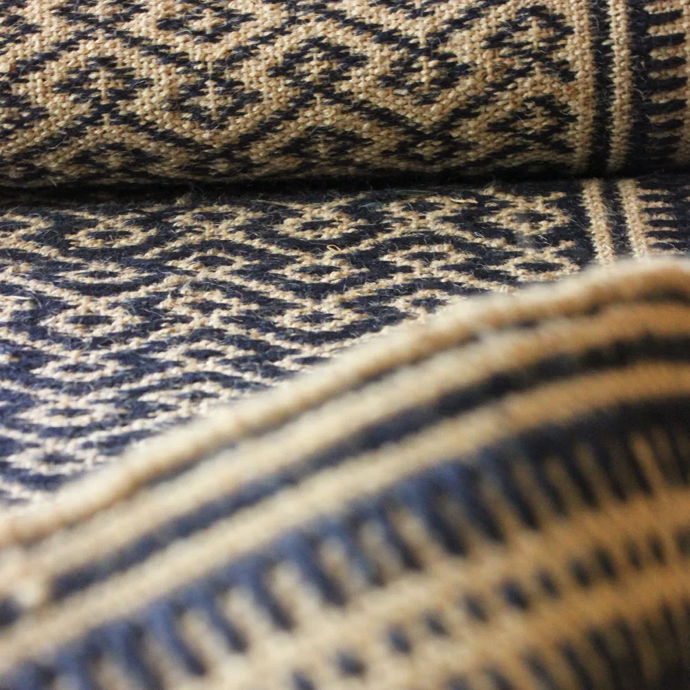 Indigo Blue And Beije Handwoven Jute Cotton Rug, Cotton Dhurrie With Diamond Pattern, L 5 Ft x W 3 Ft