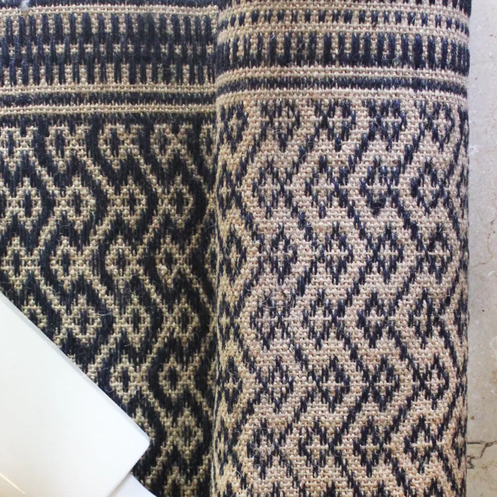 Indigo Blue And Beije Handwoven Jute Cotton Rug, Cotton Dhurrie With Diamond Pattern, L 5 Ft x W 3 Ft