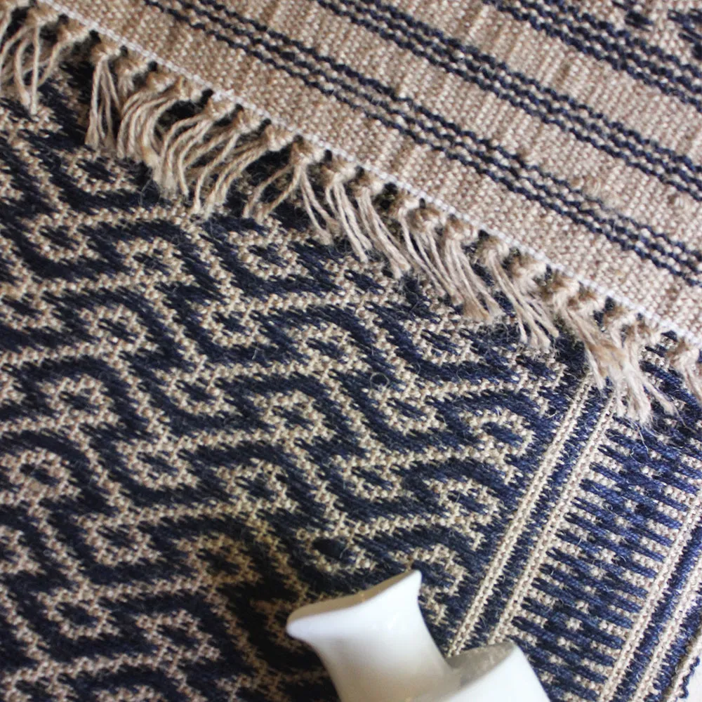 Indigo Blue And Beije Handwoven Jute Cotton Rug, Cotton Dhurrie With Diamond Pattern, L 5 Ft x W 3 Ft