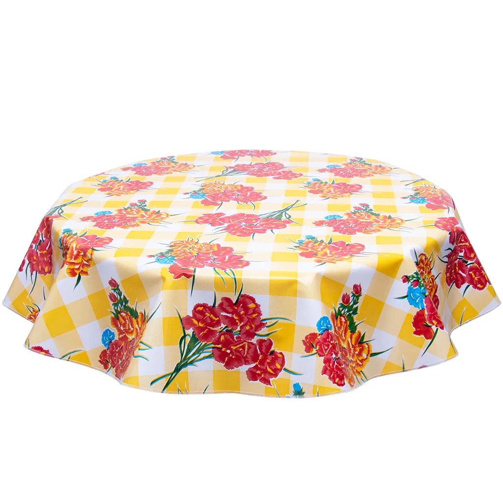Round Oilcloth Tablecloth Carnations on Large Yellow Gingham