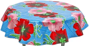 Round Oilcloth Tablecloth in Big Flowers and Stripes Light Blue