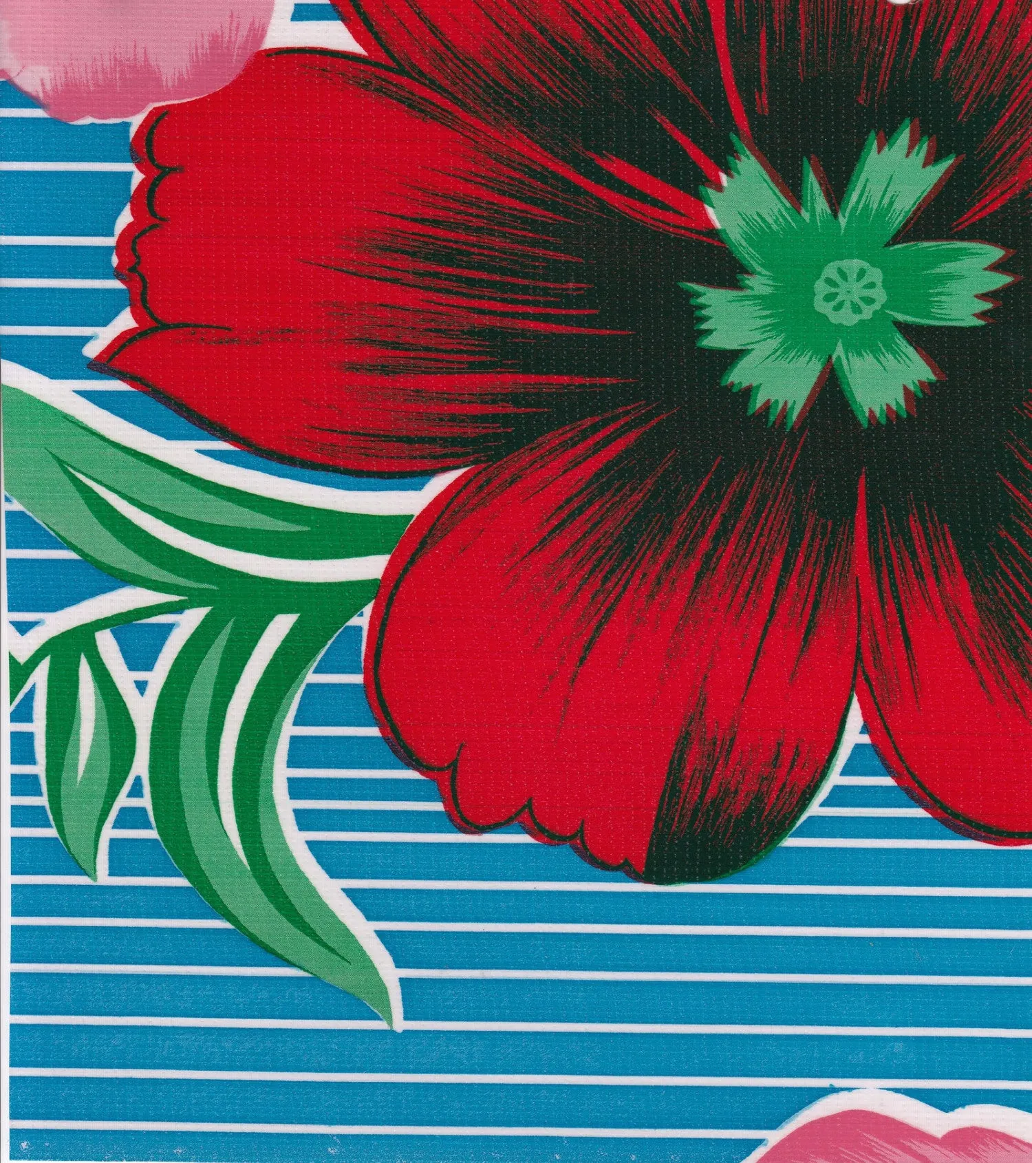 Round Oilcloth Tablecloth in Big Flowers and Stripes Light Blue