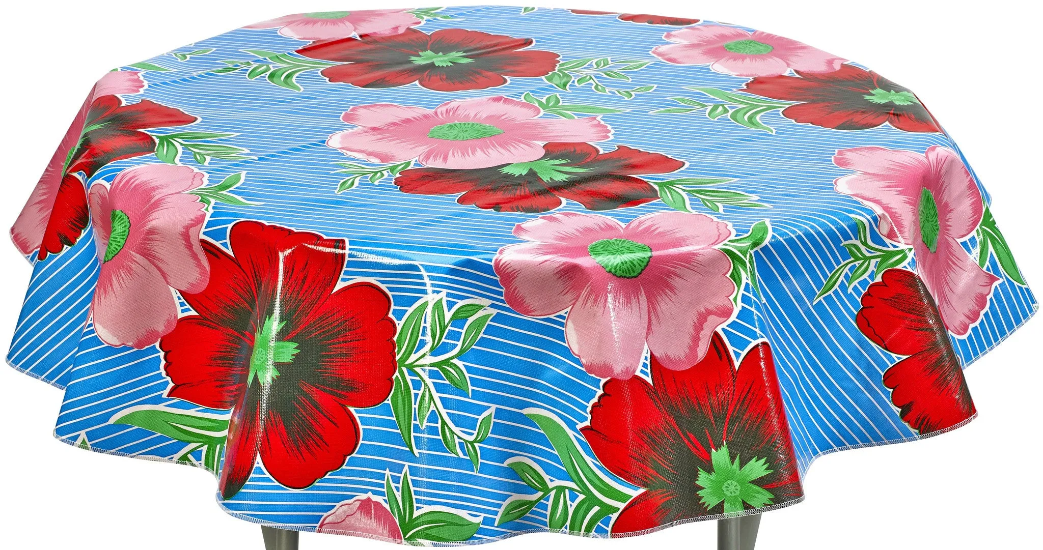 Round Oilcloth Tablecloth in Big Flowers and Stripes Light Blue