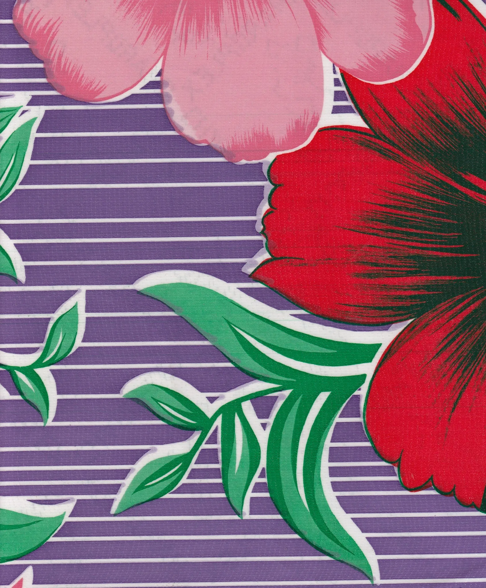 Round Oilcloth Tablecloth in Big Flowers and Stripes Purple