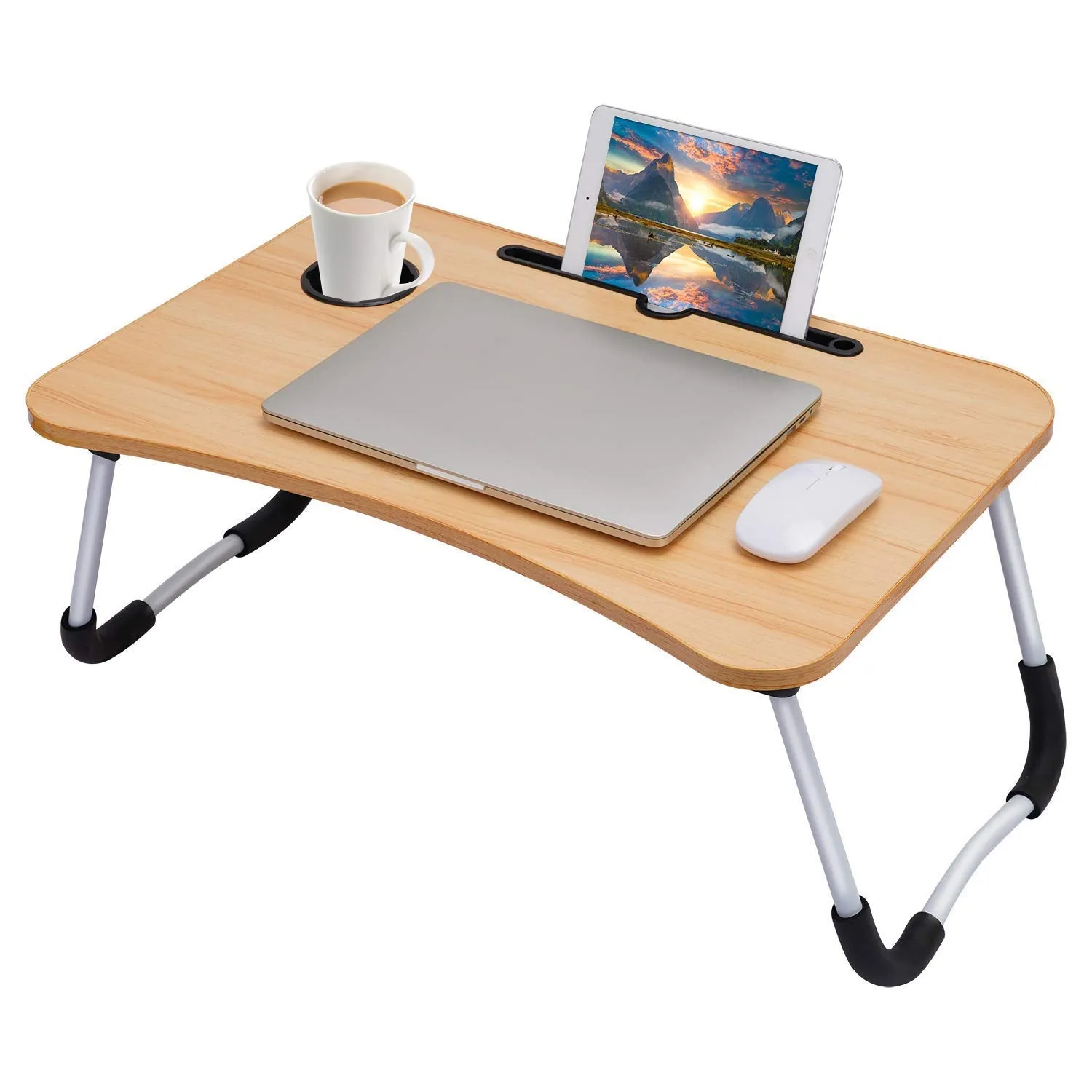 Sky-Touch Portable Folding bed Table, Laptop Desk With ipad and Cup Holder Adjustable Lap Tray Notebook Stand,Foldable Non-slip Legs Reading Table Tray for working,studing,camping 60×40×28cm Beige