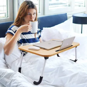 Sky-Touch Portable Folding bed Table, Laptop Desk With ipad and Cup Holder Adjustable Lap Tray Notebook Stand,Foldable Non-slip Legs Reading Table Tray for working,studing,camping 60×40×28cm Beige