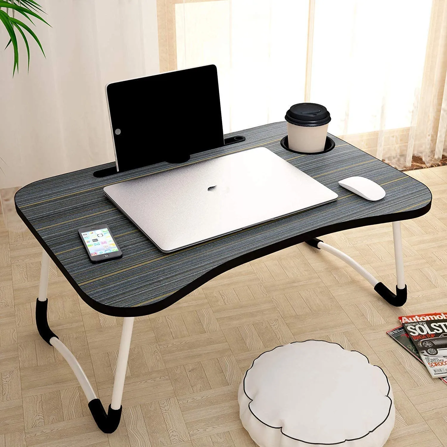 Sky-Touch Portable Folding bed Table, Laptop Desk With ipad and Cup Holder Adjustable Lap Tray Notebook Stand,Foldable Non-slip Legs Reading Table Tray for working,studing,camping 60×40×28cm Beige