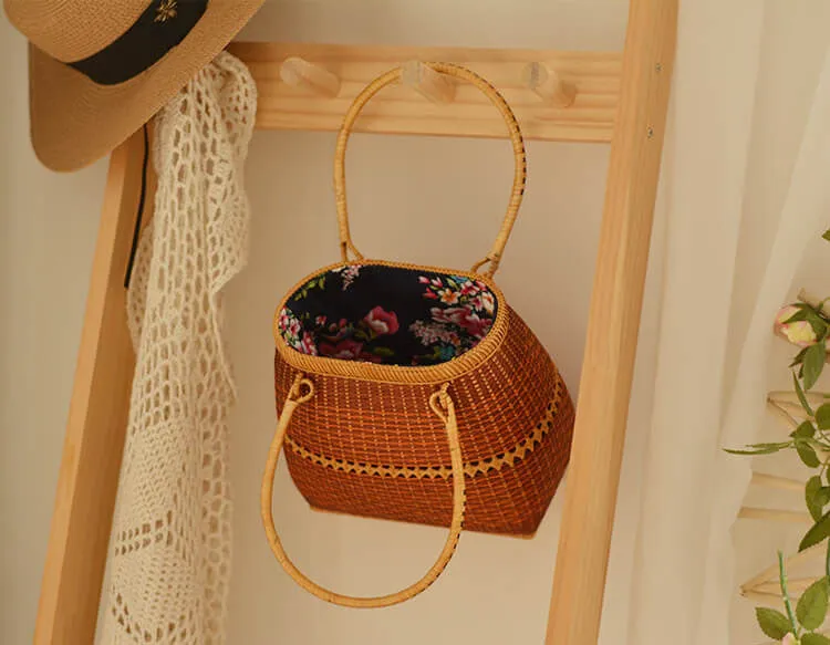 Vintage Bamboo Straw Basket Handbag for Picnic-Showtown